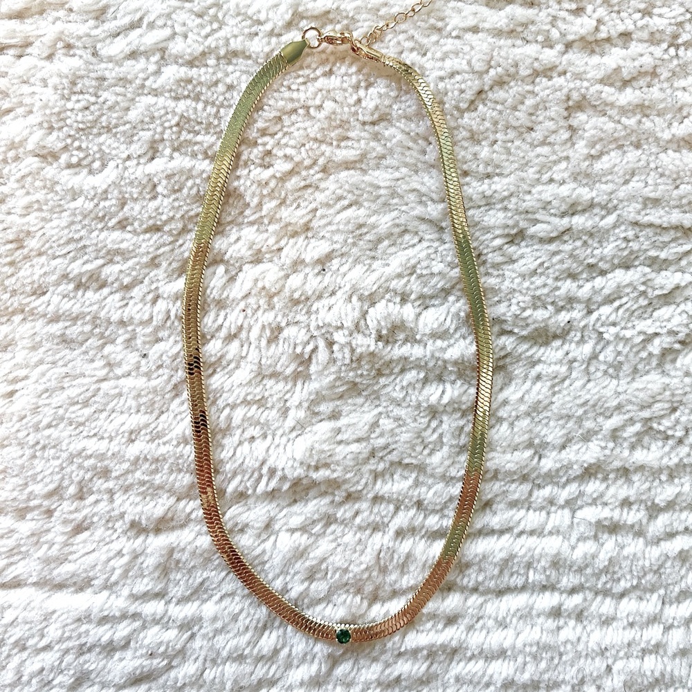 Snake Herringbone Green Gold Chain Emerald Birthstone Gem Choker Necklace Cuban